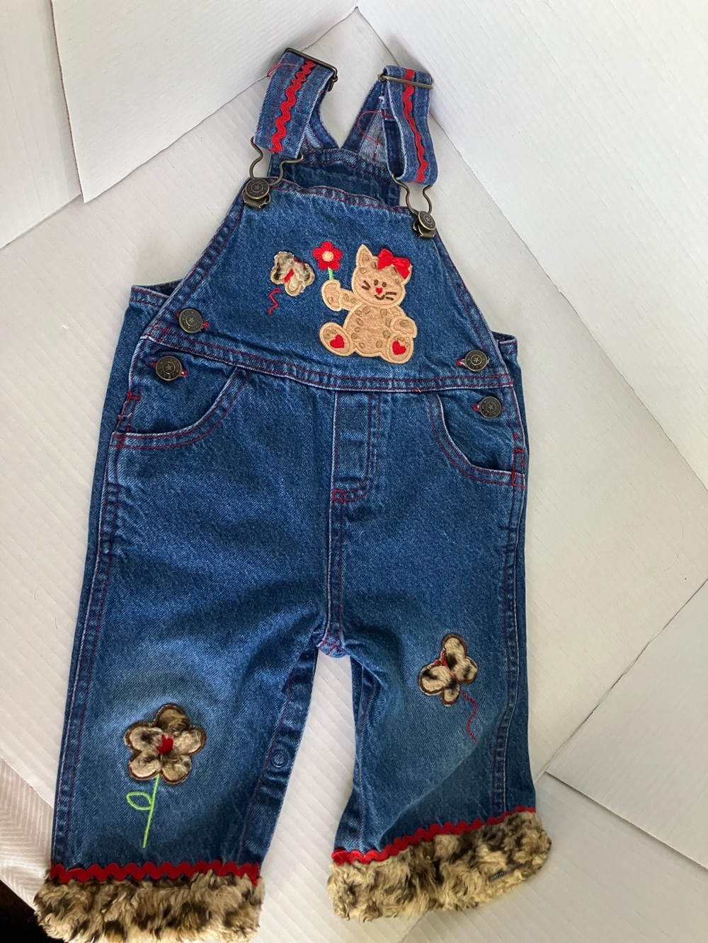 Vtg 6-9 mo Denim Overalls with Embroidery Cat and Faux Fur Trim‎ - Leopard